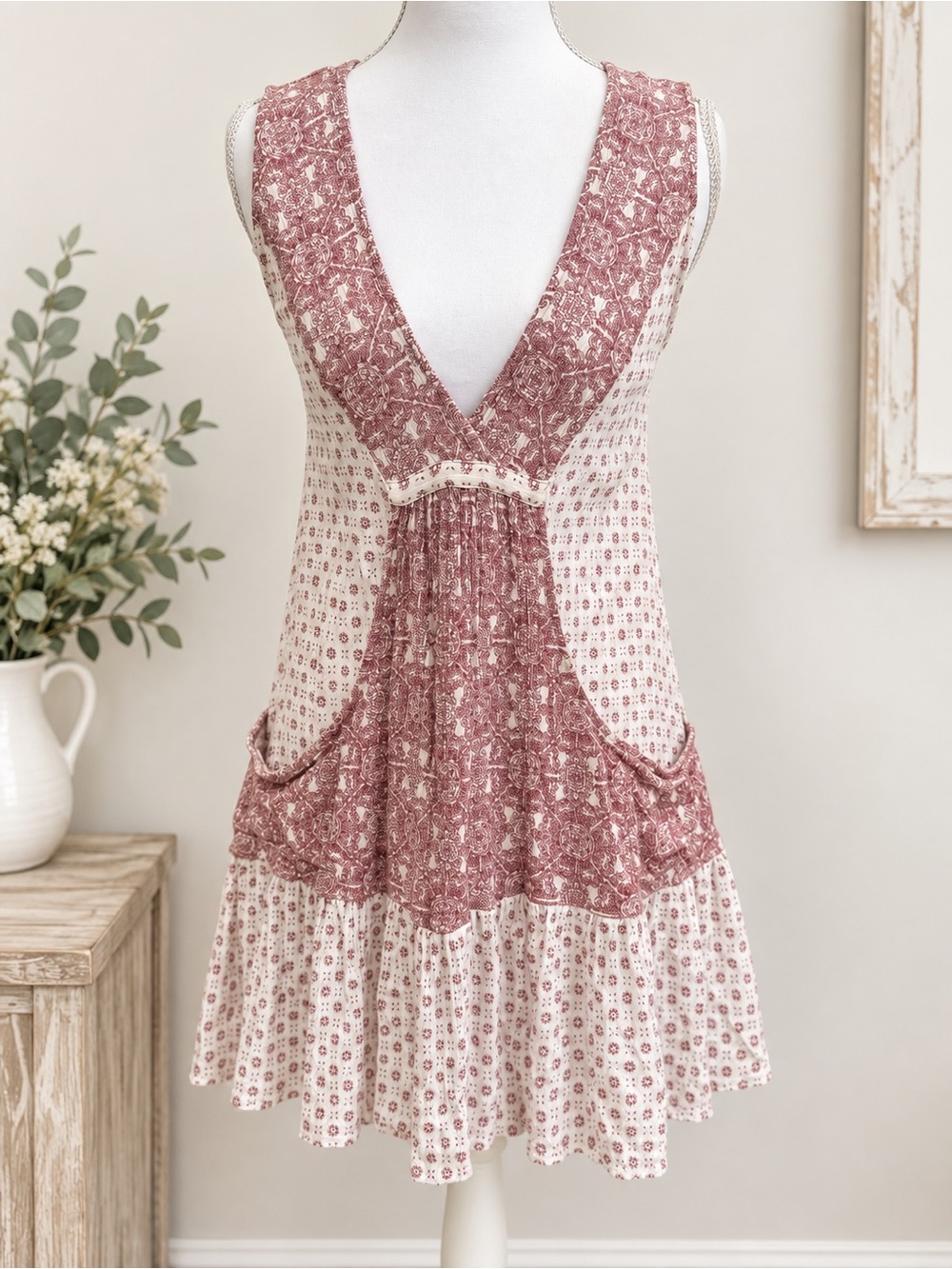 Forever 21 Dusty Rose and Cream V-Neck Tiered Mini Dress